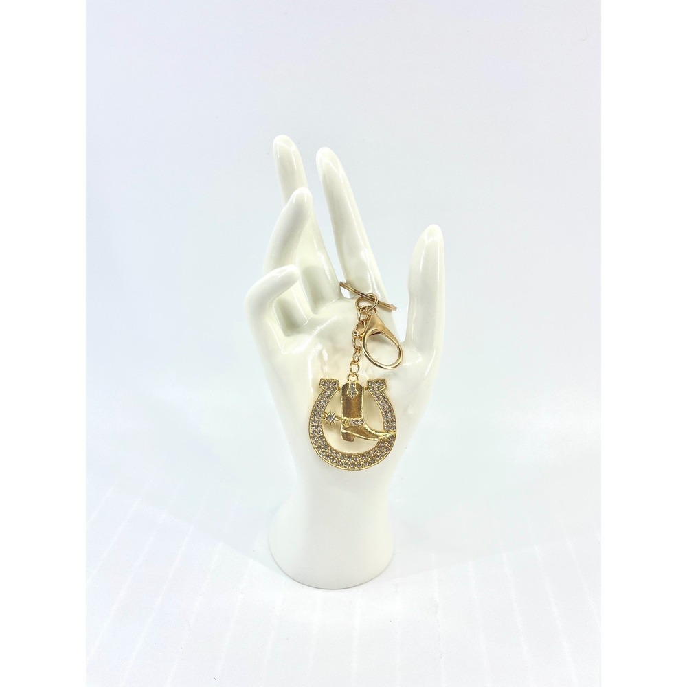 Gold Tone White Rhinestone Horseshoe Cowboy Boot Key Chain Charm Ring 4"